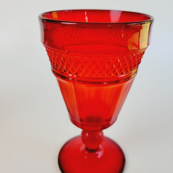 Viking Glass Co. Mt Vernon Red Glass Goblets (2), Panel & Cross Hatch, Retro USA - Picture 3 of 9